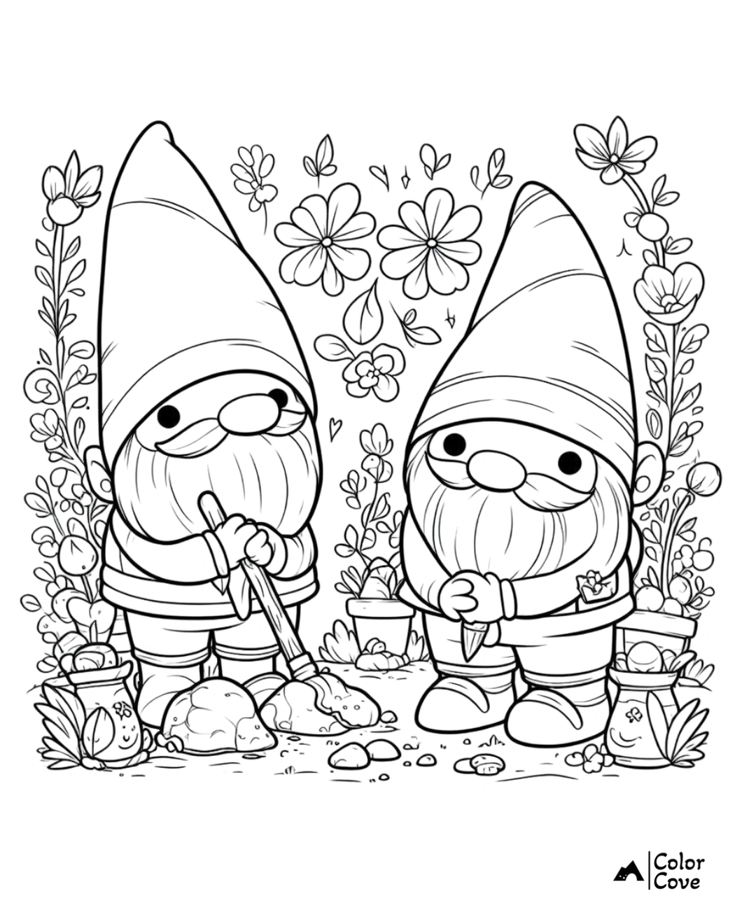 Two garden gnomes with hats digging soil surrounded by flowers, a fun coloring page for kids by Color Cove.