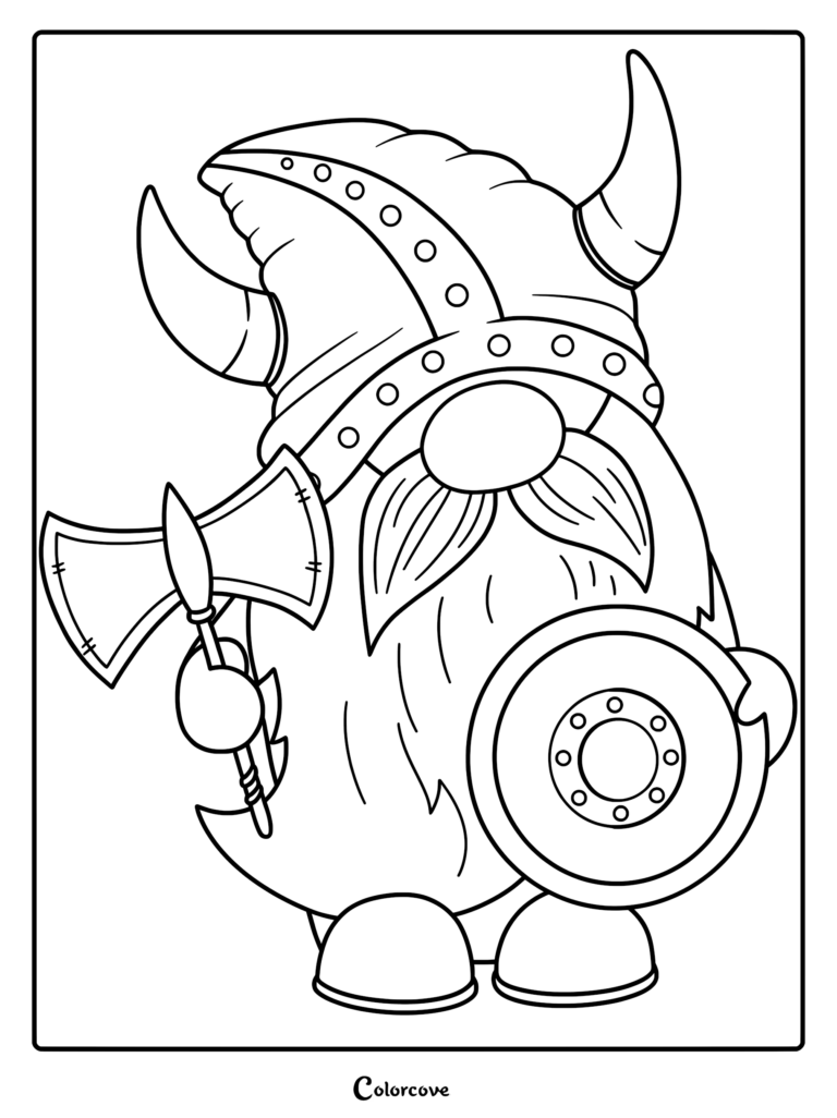 A Viking gnome wearing a horned helmet holding a double-bladed battle axe and a round shield in this printable coloring page.
