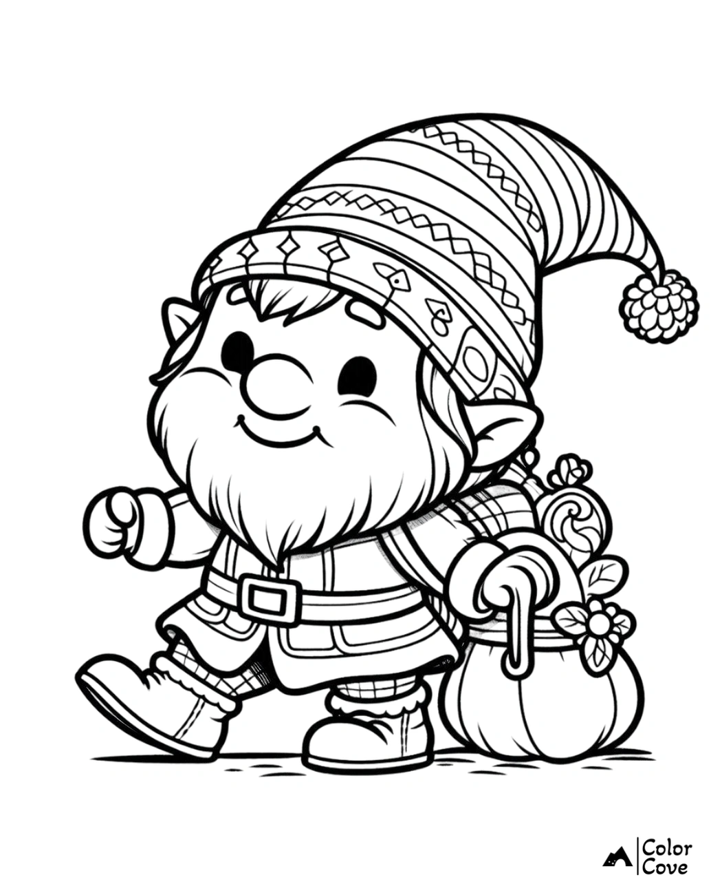 Cute gnome coloring page with festive hat and bag of gifts, perfect for kids' holiday activities and creativity.