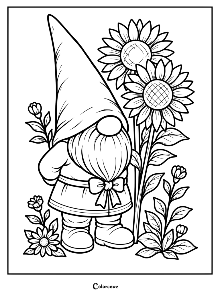 A cute gnome wearing a tall hat and bow standing next to two large sunflowers in a garden coloring page.