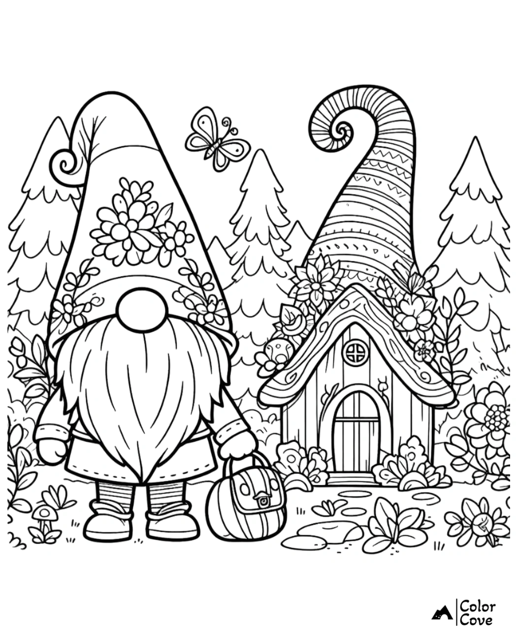 Whimsical gnome coloring page with a bearded gnome, cute mushroom house, and butterfly in a forest setting for kids.