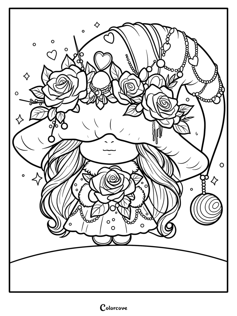 A cute gnome wearing a large hat adorned with roses, beads, and hearts in this printable coloring page.