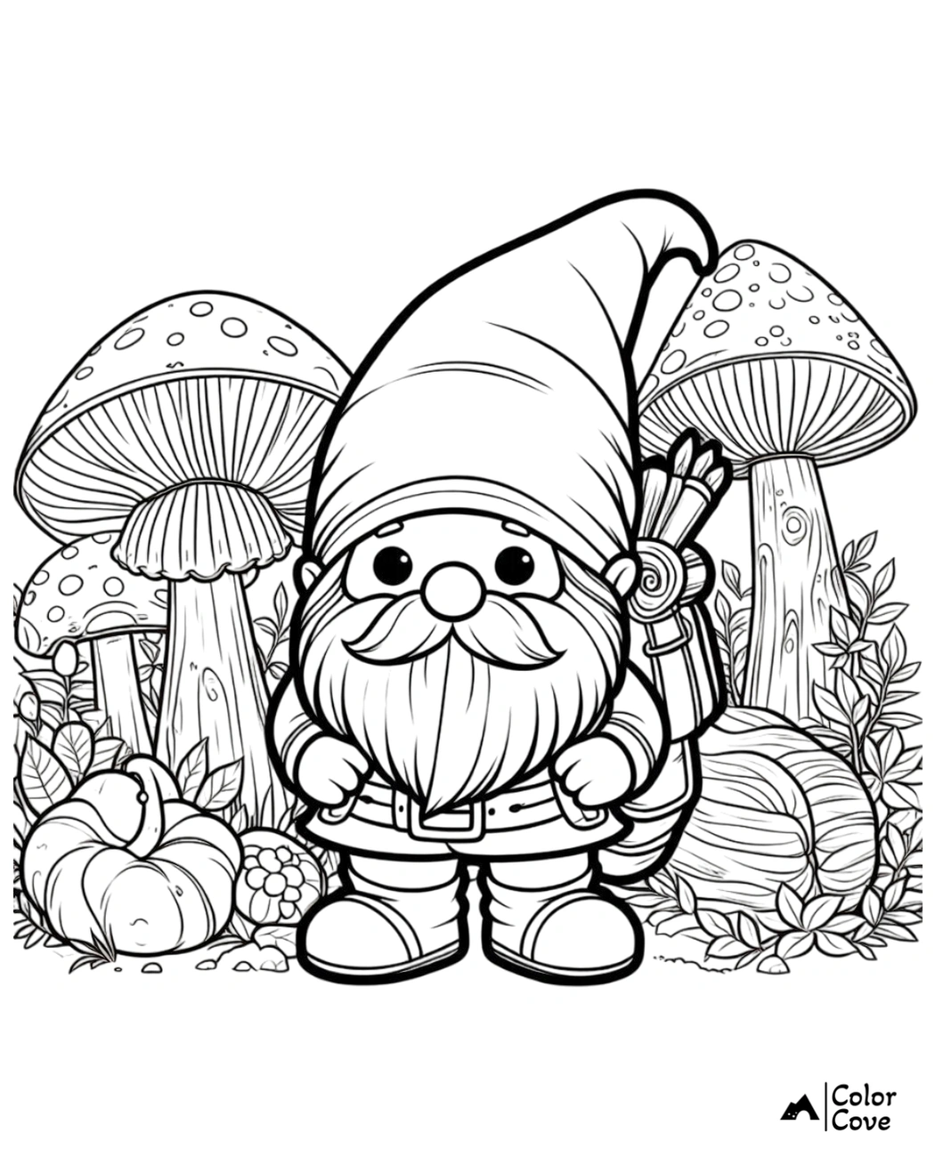 Gnome coloring page with mushrooms, pumpkins, and foliage for children to color. Perfect for fun and creative activities.