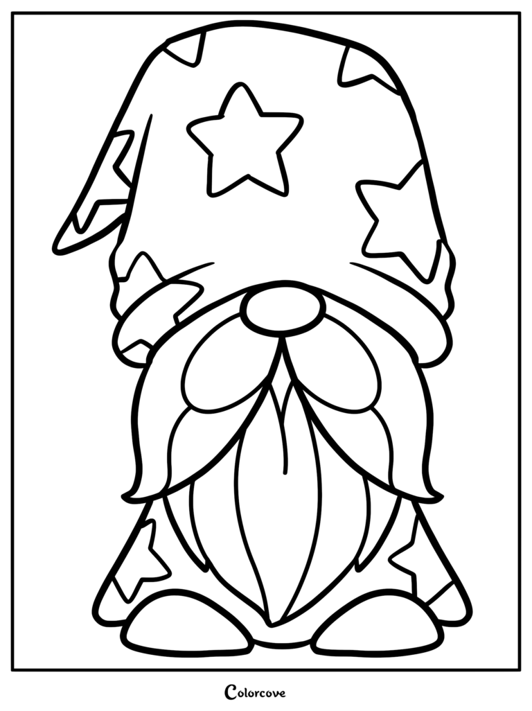 A cute gnome wearing a hat decorated with stars in this printable coloring page.