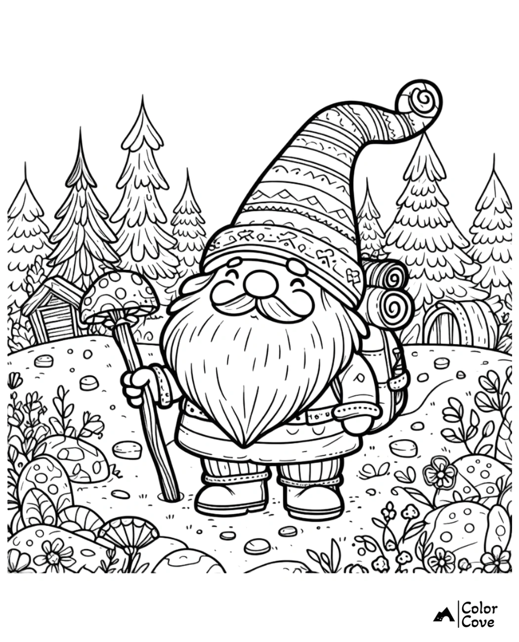 Coloring page featuring a happy gnome with a backpack and walking stick in a whimsical forest with trees, mushrooms, and plants.