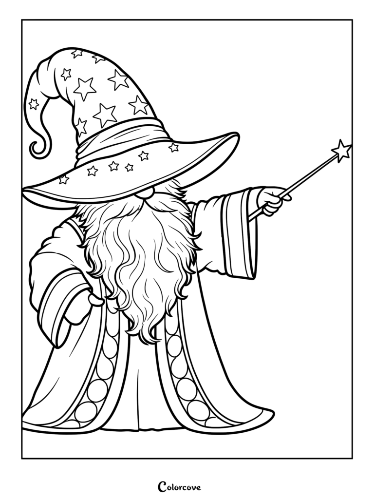 A wizard gnome wearing a star-patterned hat and robe holding a magic wand in this printable coloring page.