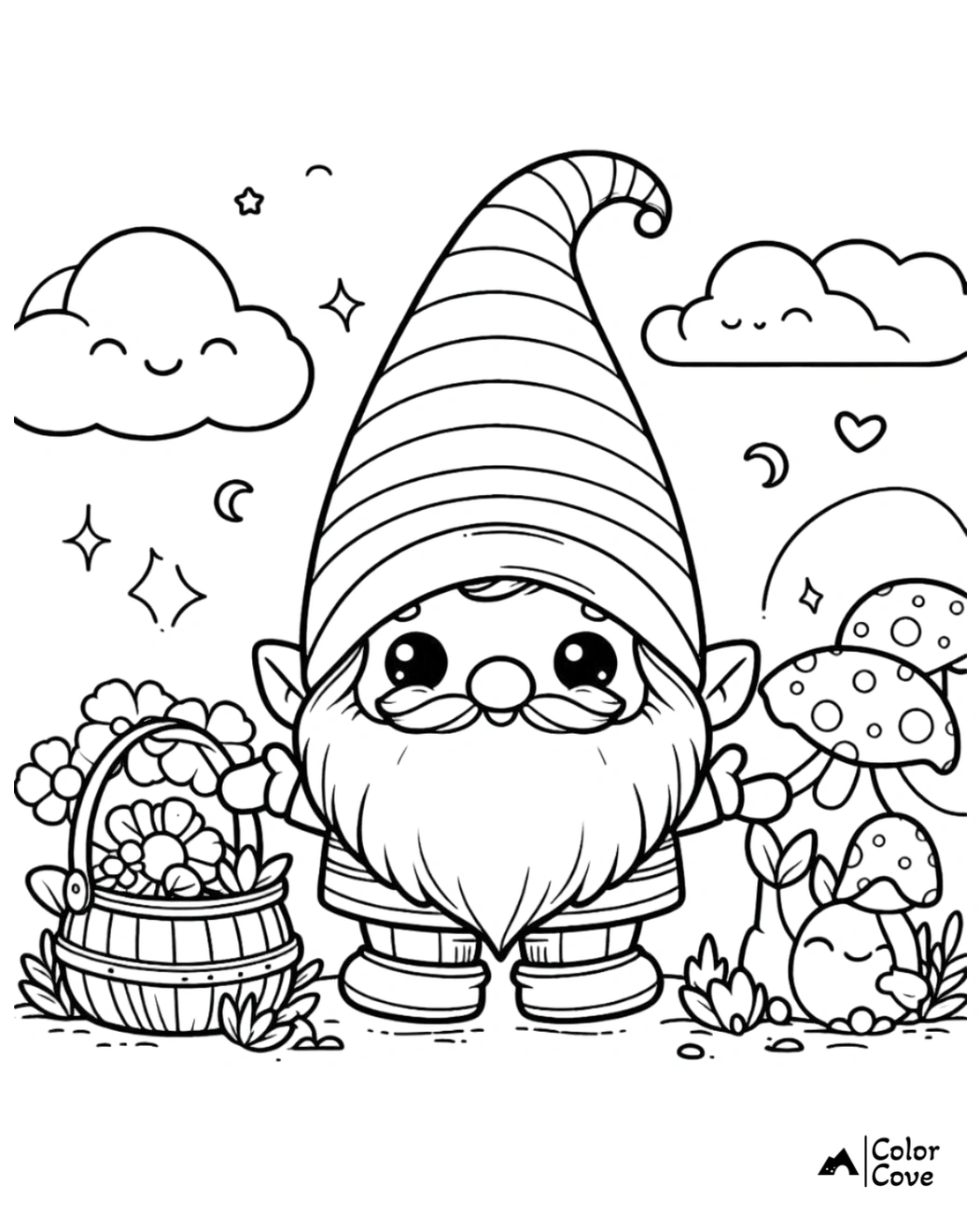 Cute gnome coloring page with a large hat, surrounded by flowers, mushrooms, clouds, and stars. Ideal for kids' activities.