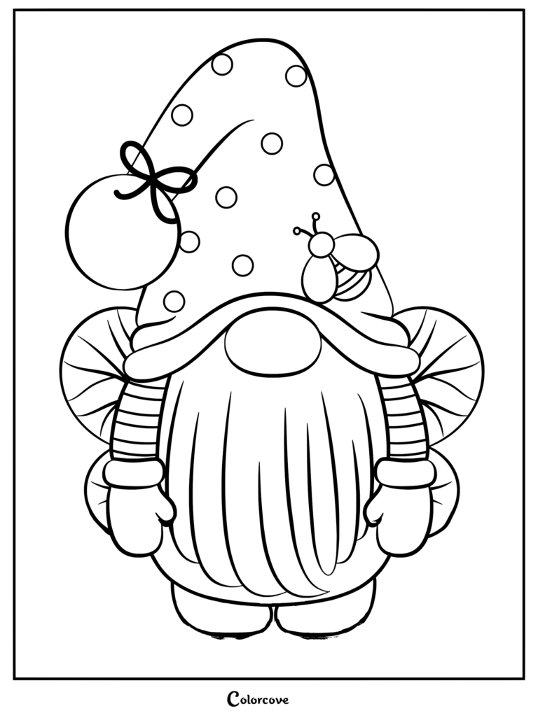 A cute bee gnome wearing a polka dot hat with a bow and a small bee, perfect as a printable coloring page.
