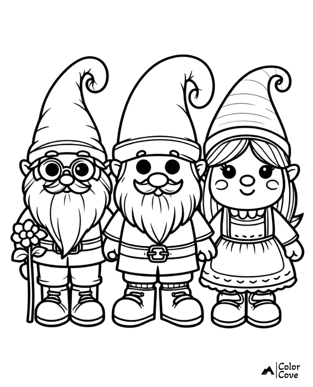 Three adorable gnomes in whimsical hats coloring page, perfect for kids and family-friendly creative activities.