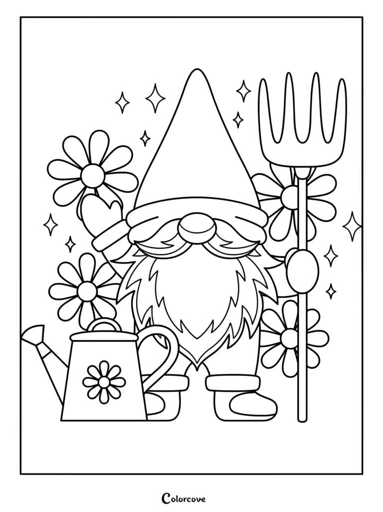 A cute gnome wearing a tall hat holding a pitchfork next to a flower-patterned watering can, featured in this printable coloring page.