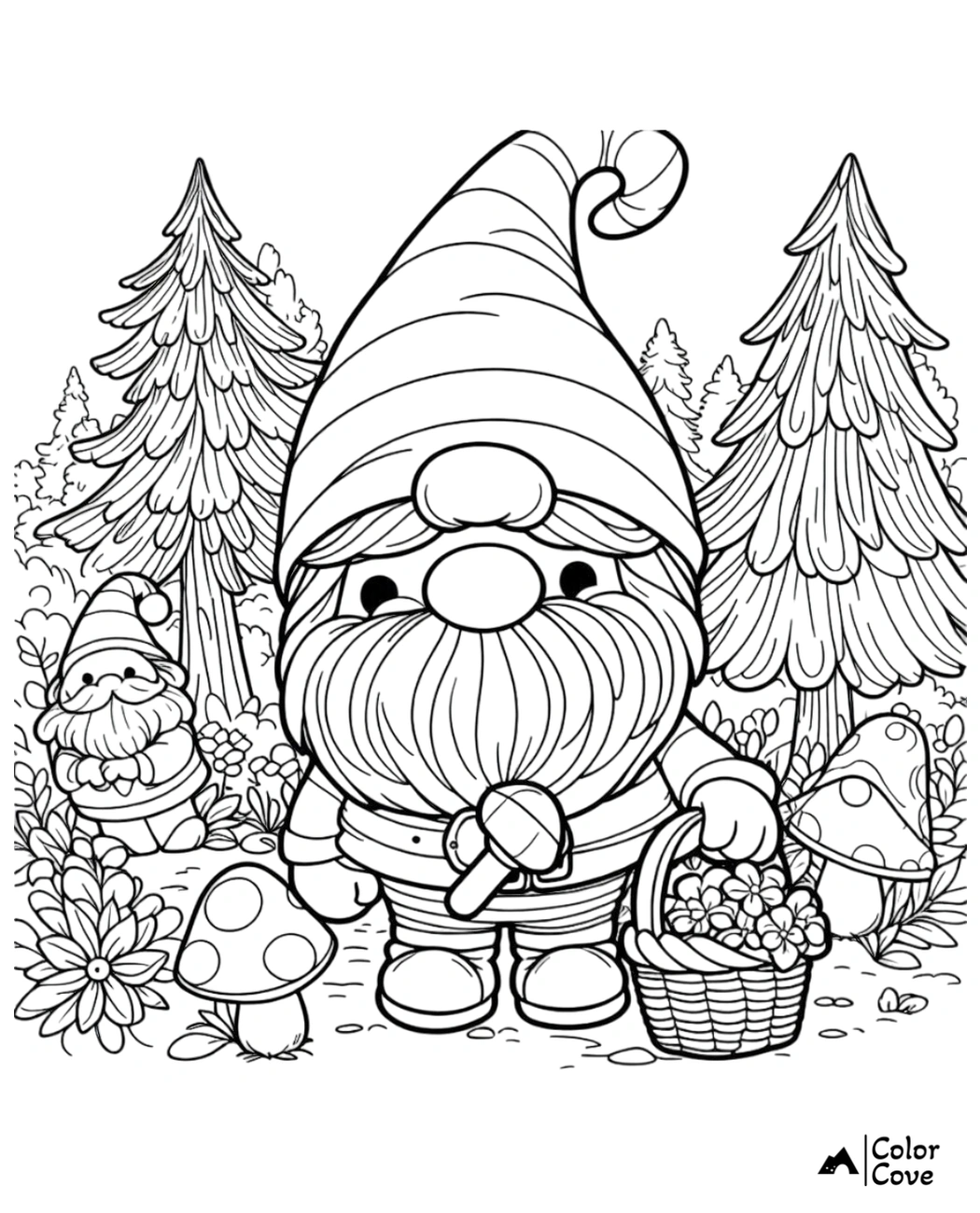 Coloring page of a gnome with a basket of flowers in a forest, surrounded by trees, flowers, and mushrooms.