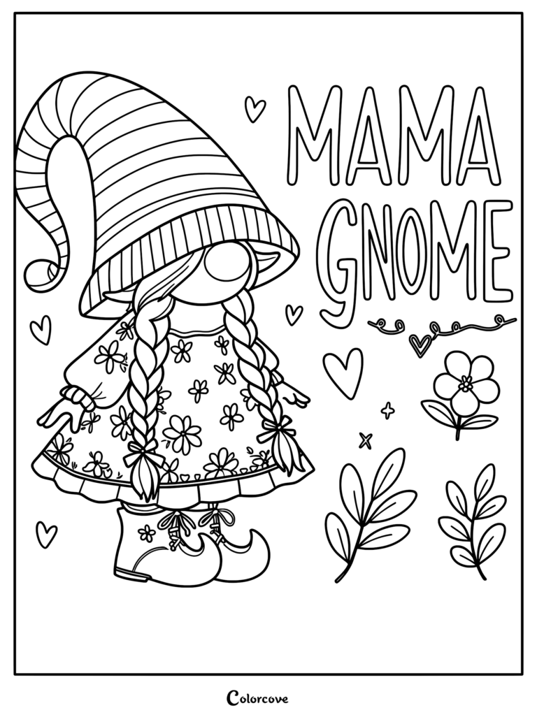Mama Gnome coloring page featuring a female gnome with braided hair, a floral dress, and a striped hat, surrounded by hearts and flowers.