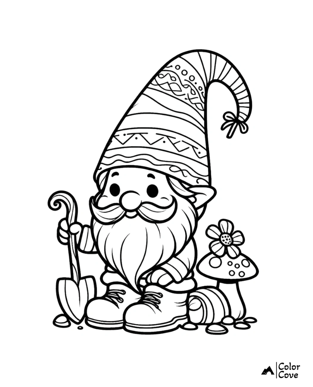 Coloring page of a cute garden gnome holding a shovel, with a mushroom, flower, and stones around.