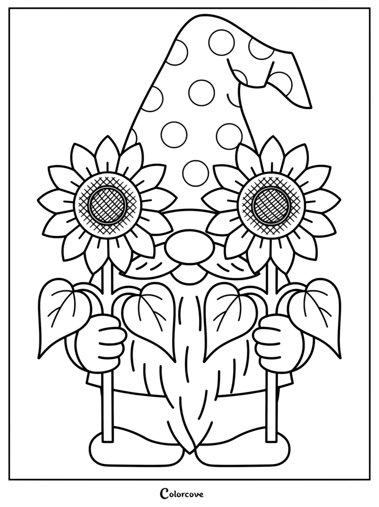 A gnome wearing a polka-dot hat holding two large sunflowers in this printable coloring page.