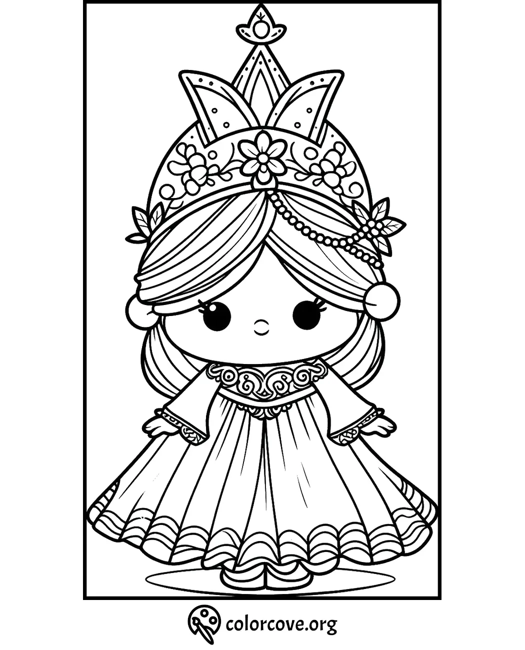 Adorable princess coloring page featuring a young girl with a decorative crown and a flowing gown. Perfect for kids to color.