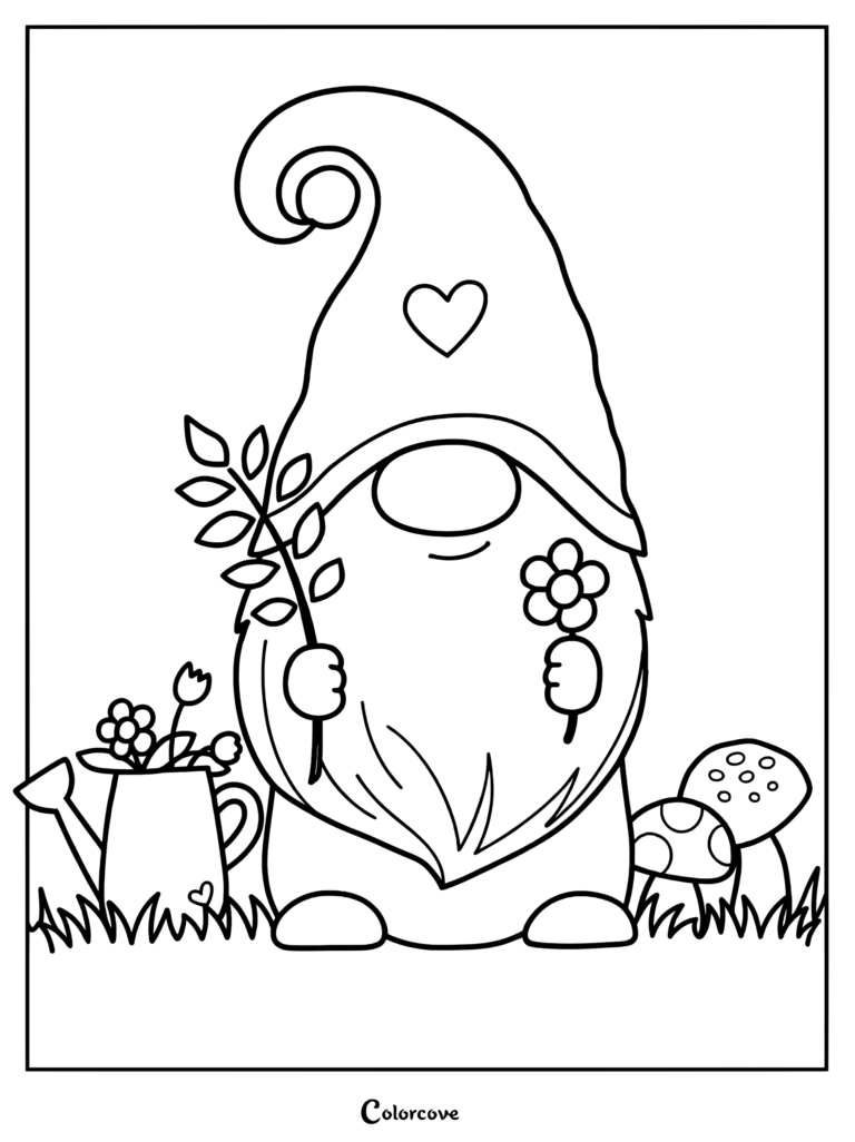 A gnome wearing a heart-adorned hat holding a leaf and flower, next to a watering can and mushrooms, coloring page.