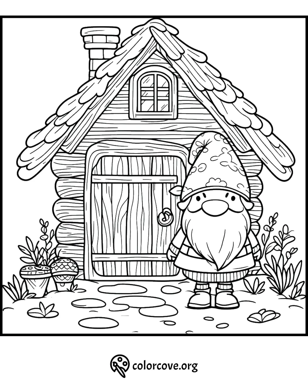 Coloring page of a gnome with a large hat and beard standing in front of a wooden house with a chimney and garden.