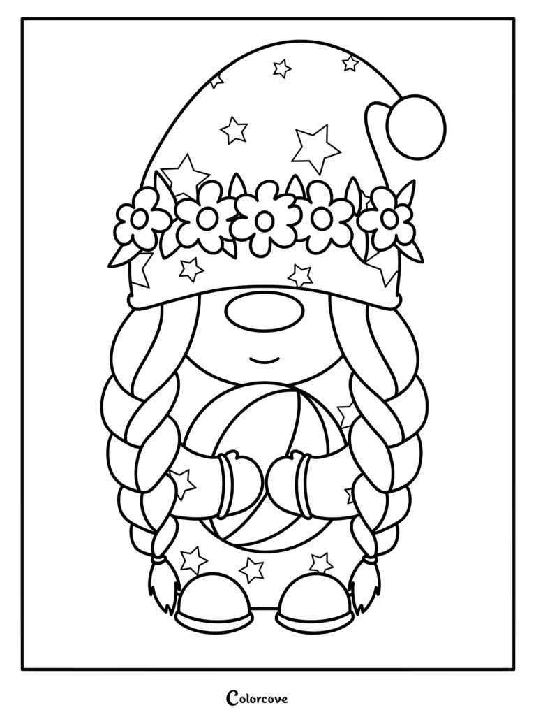 A cute gnome coloring page featuring a braided gnome with a star-patterned hat and a flower crown holding a round ball.