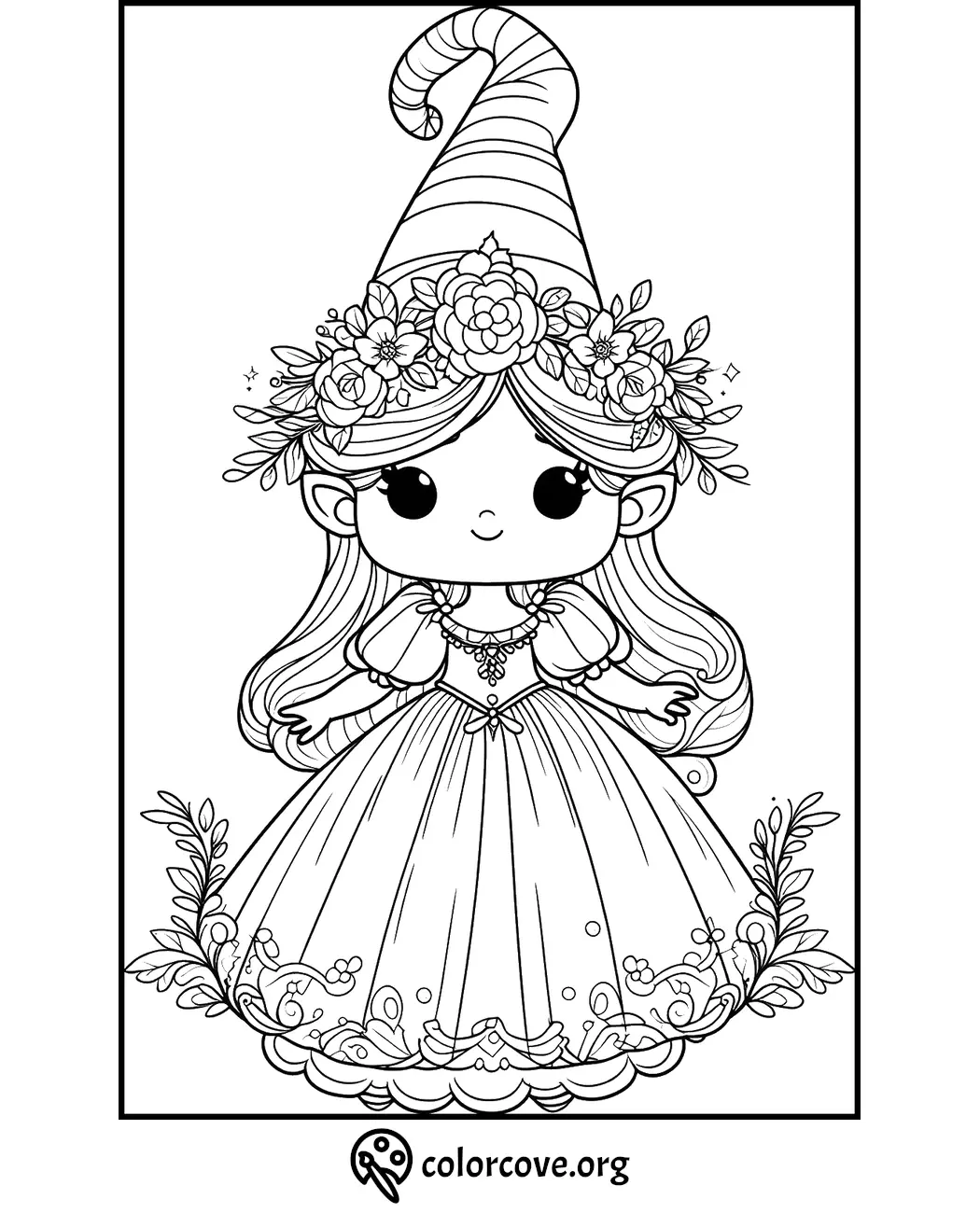 Whimsical fairy princess coloring page with floral wreath and striped hat for kids' activity - free download at colorcove.org.