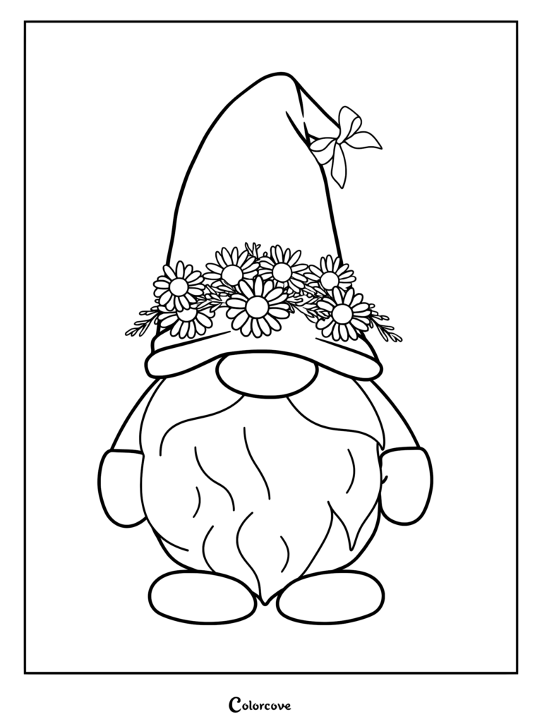 A cute gnome wearing a tall hat adorned with a daisy flower crown and a small bow, printable coloring page.