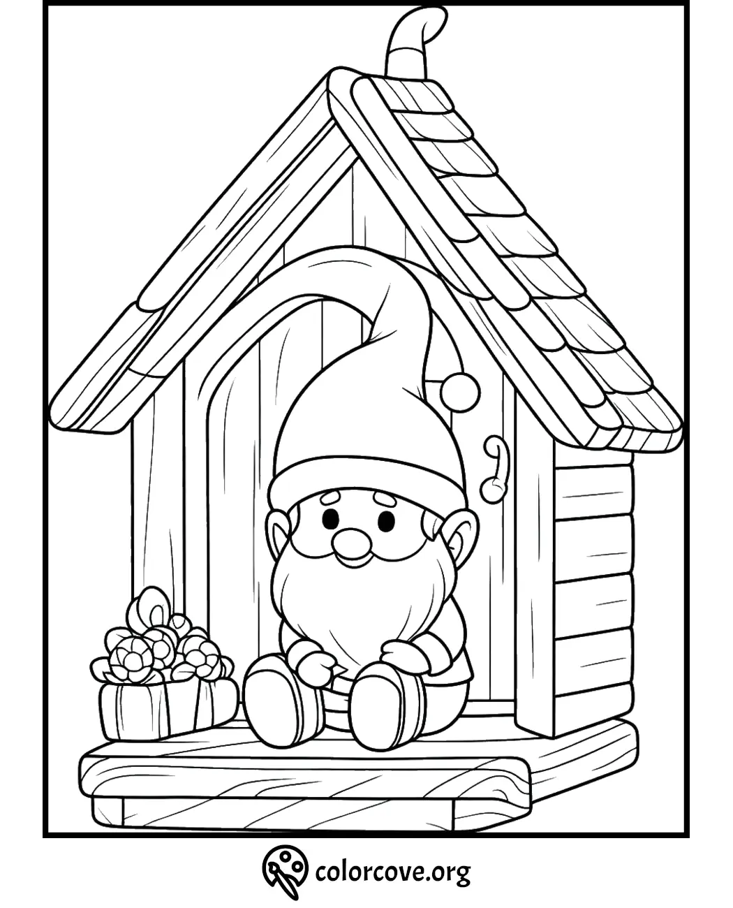 Coloring page of a cute gnome sitting on the porch of a small house with a gift box, perfect for kids to color.