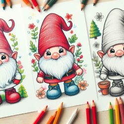 Coloring page with three gnomes, colored pencils surrounding them. Each gnome is uniquely illustrated with colorful backgrounds.