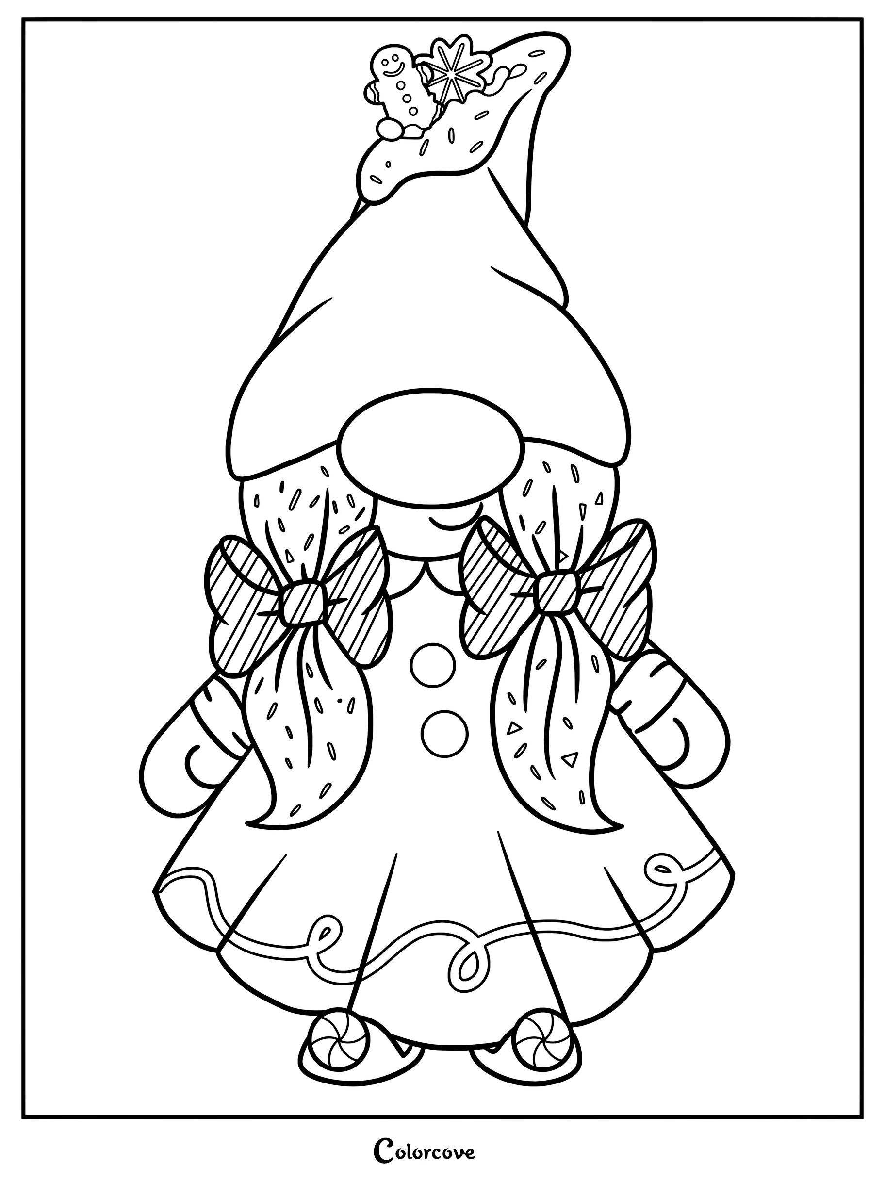 Gingerbread girl gnome coloring page featuring a hat with a gingerbread man cookie, pigtails with bows, and peppermint shoes.