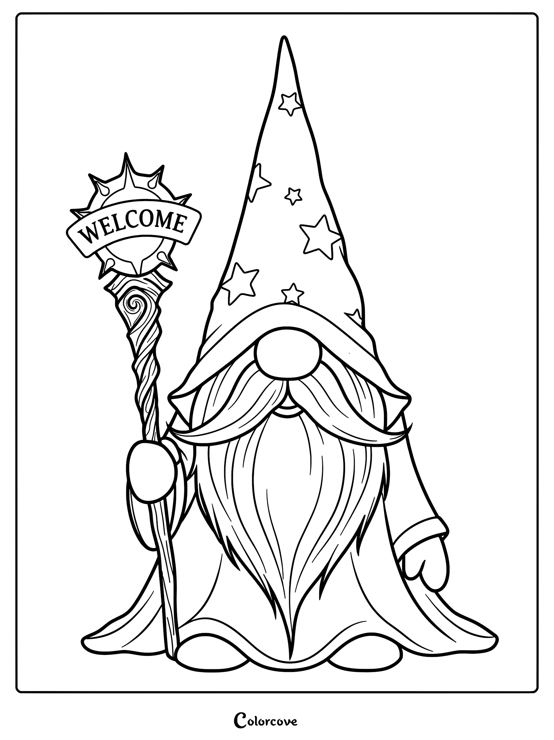 A gnome wearing a star-patterned hat holding a welcome sign staff in this printable coloring page.