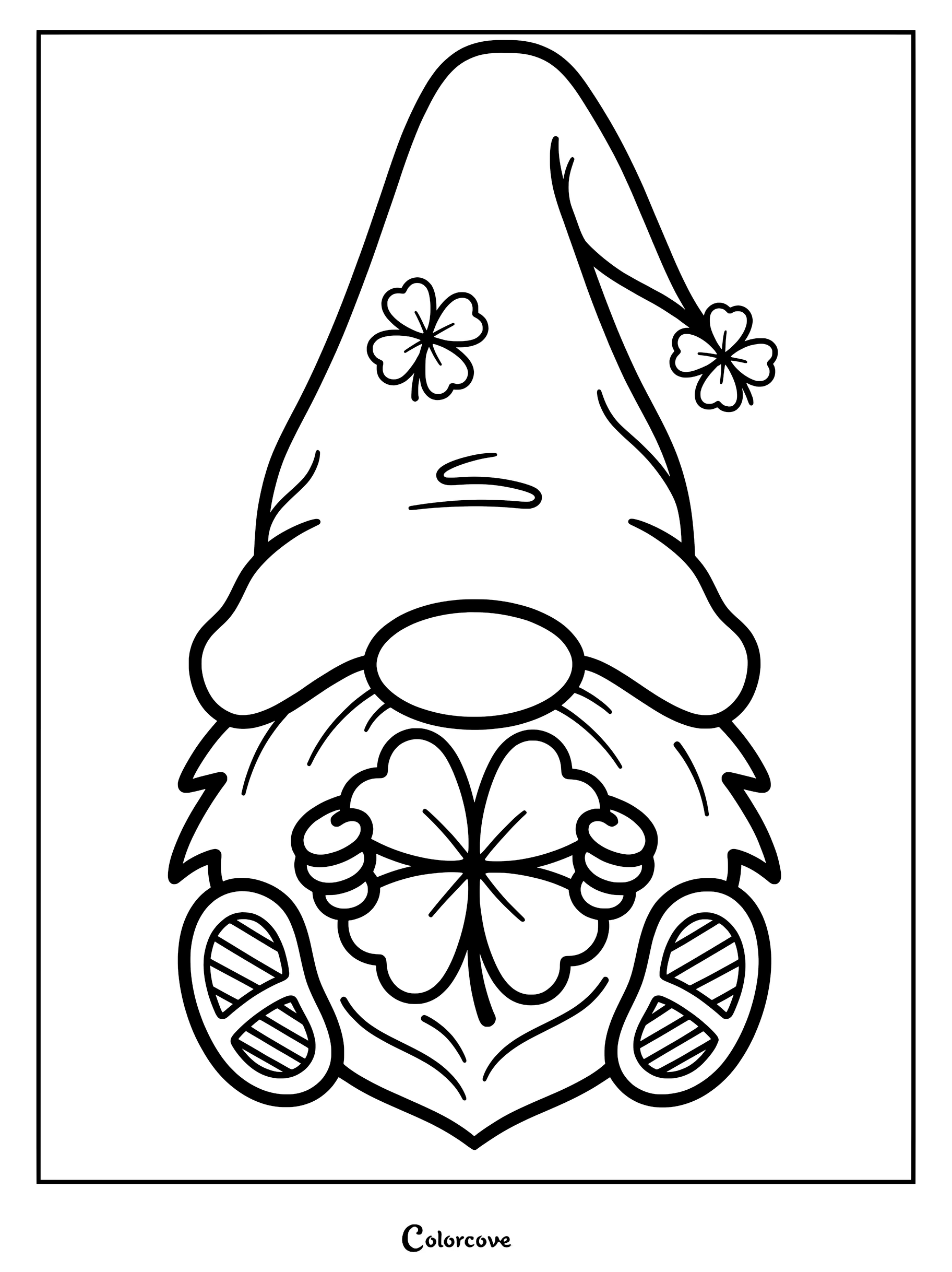 St. Patrick's Day gnome coloring page featuring a gnome with a shamrock hat holding a four-leaf clover.