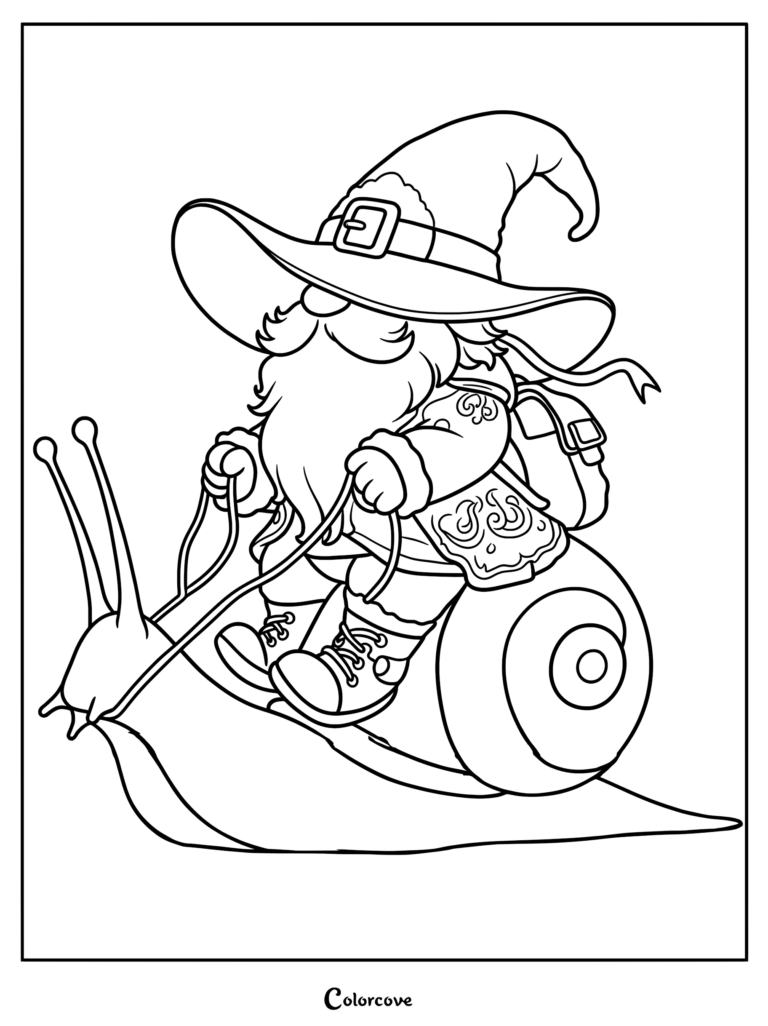 A gnome wearing a wizard hat and backpack riding a snail with reins, line art coloring page.