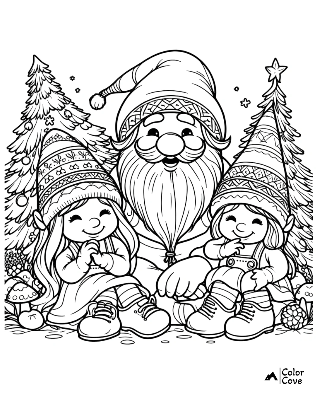 Coloring page featuring three cheerful gnomes in festive hats, surrounded by decorated Christmas trees and forest scenery.