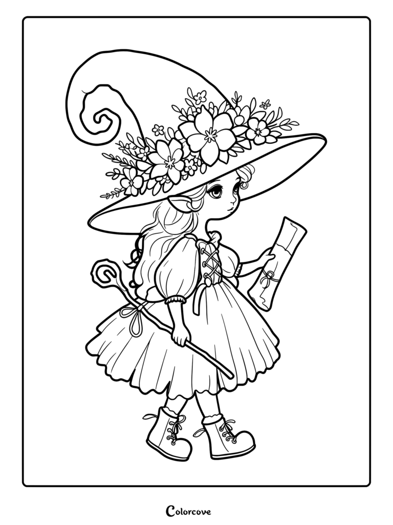 A cute gnome girl wearing a large witch hat decorated with flowers, holding a scroll and a wooden staff, coloring page.