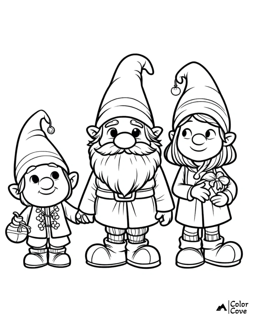 Coloring page with three cute gnomes, hand in hand, wearing hats and boots, perfect for children’s coloring activities.