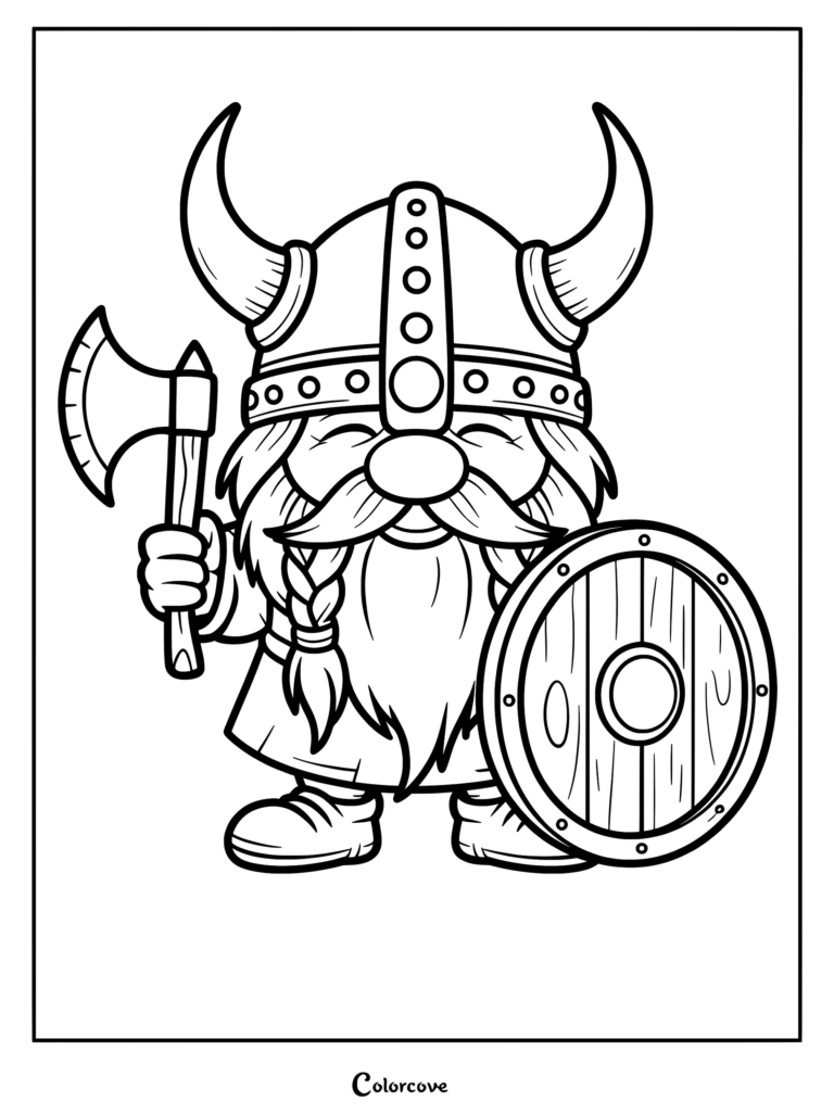 A cute Viking gnome wearing a horned helmet holding a battle axe and a wooden shield in this printable coloring page.