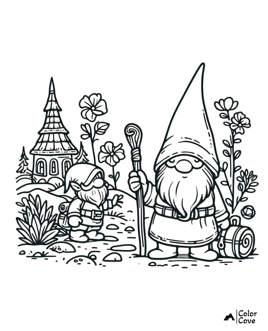 Gnome coloring page featuring two bearded gnomes in a garden with flowers and a small house in the background.