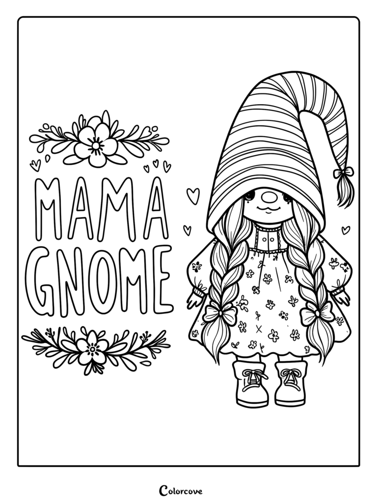 Mama Gnome coloring page featuring a girl gnome with long braided hair, a striped hat, and a floral dress next to Mama Gnome text.