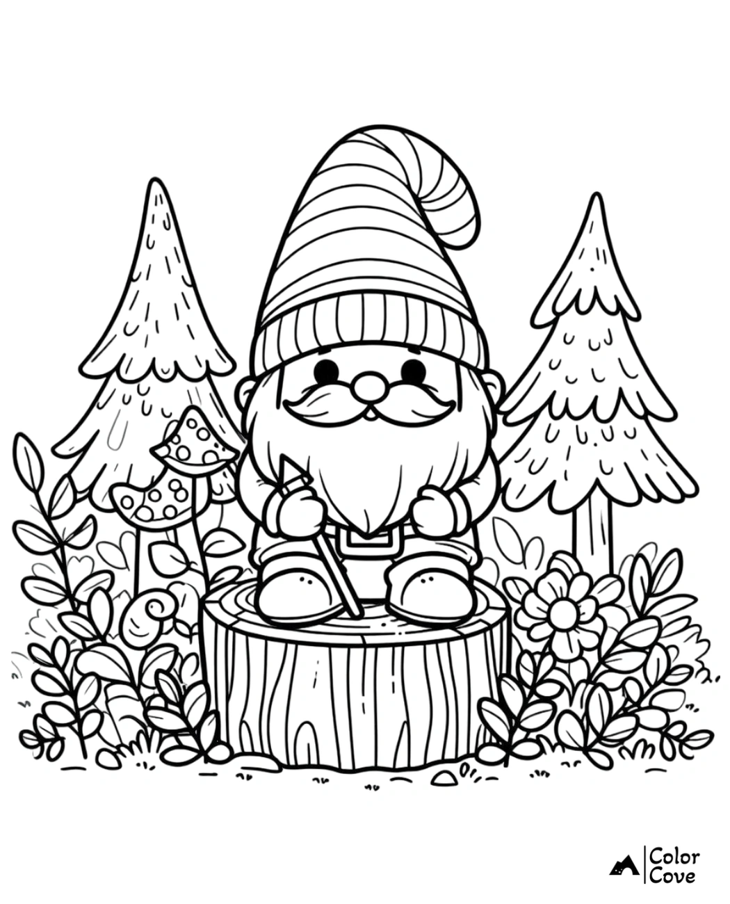 Cute gnome holding a paintbrush, sitting on a tree stump, surrounded by mushrooms, flowers, and pine trees in a coloring page.