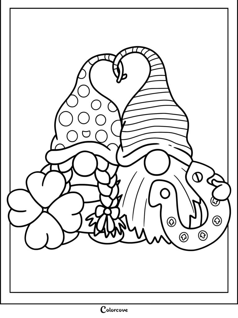Two gnomes with hats forming a heart shape, one with braids and a four-leaf clover, the other with a beard holding a horseshoe, coloring page.