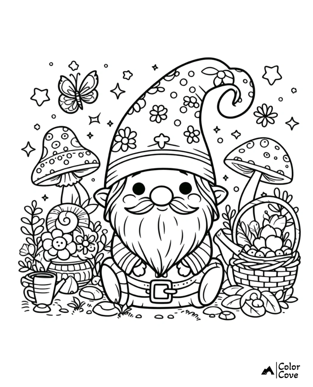 Cute gnome in a garden with mushrooms, flowers, a butterfly, and a basket of fruits - whimsical coloring page by Color Cove.