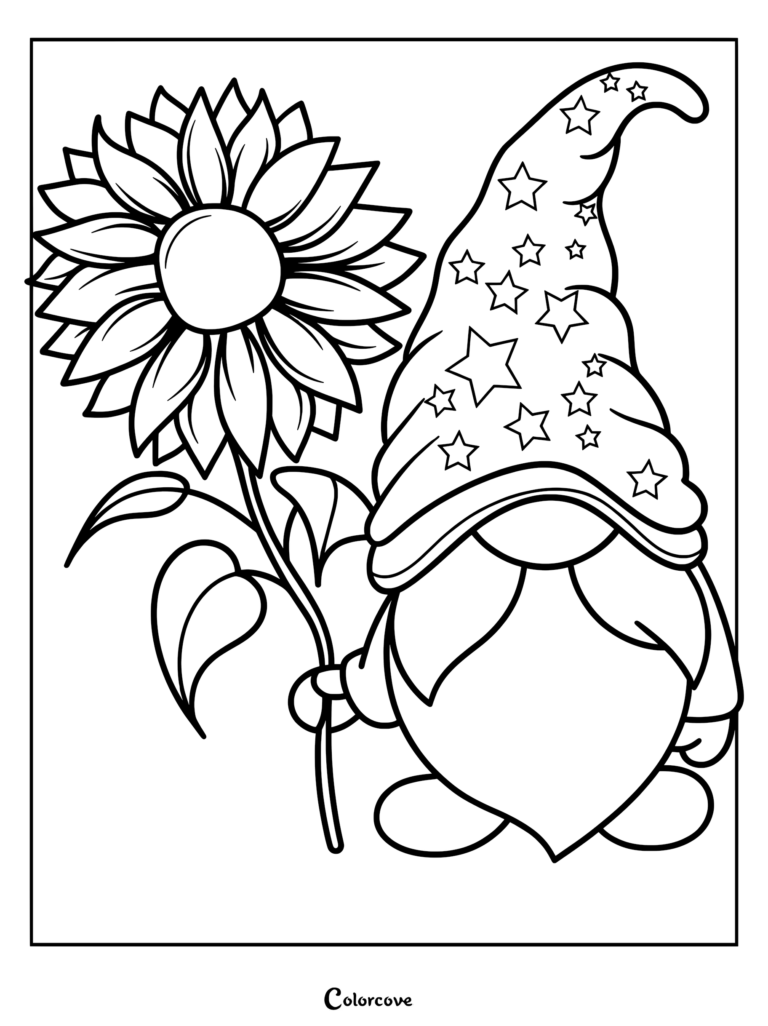 A gnome wearing a star-patterned hat holding a large sunflower in this printable coloring page.