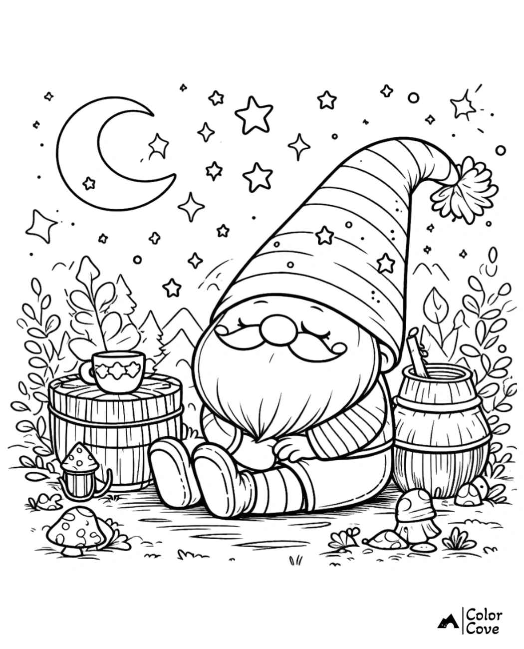 Whimsical gnome sitting under the night sky, surrounded by barrels and mushrooms on a peaceful coloring page.