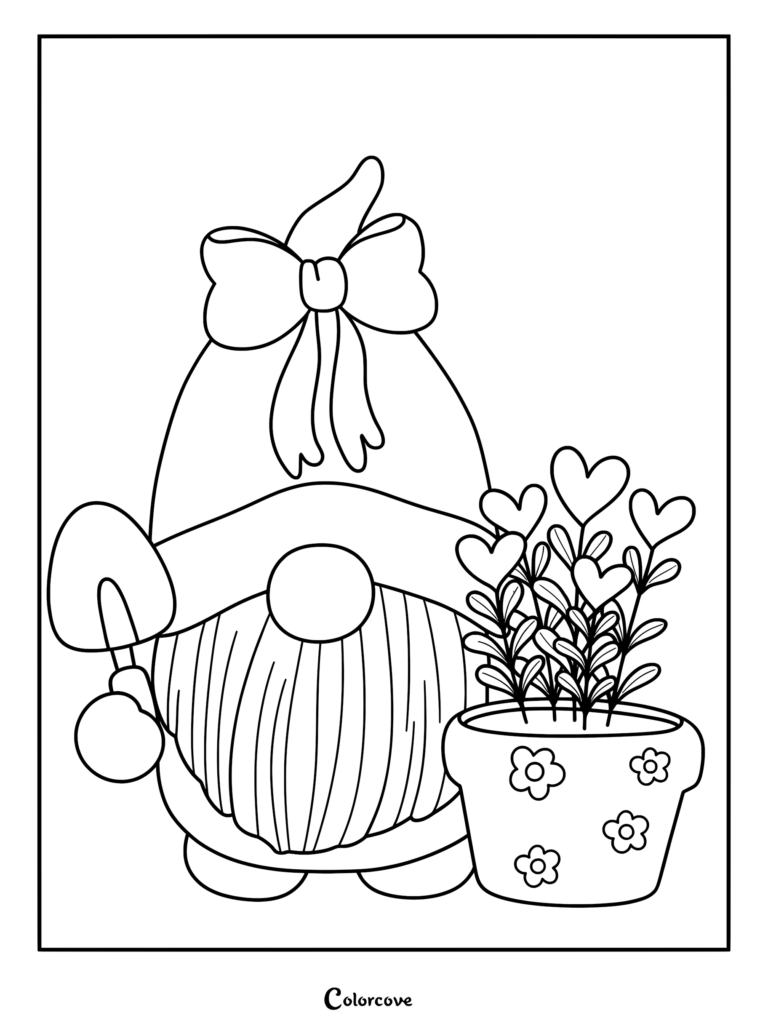 A gnome wearing a bow-topped hat holding a shovel next to a flower pot with heart-shaped leaves in this printable coloring page.