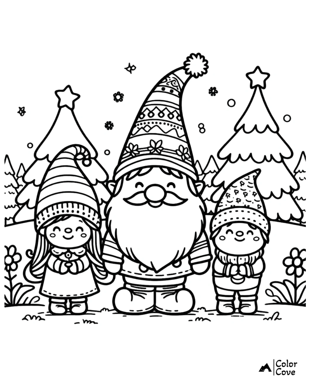 Gnome family coloring page featuring three gnomes in festive hats with trees and flowers in the background.