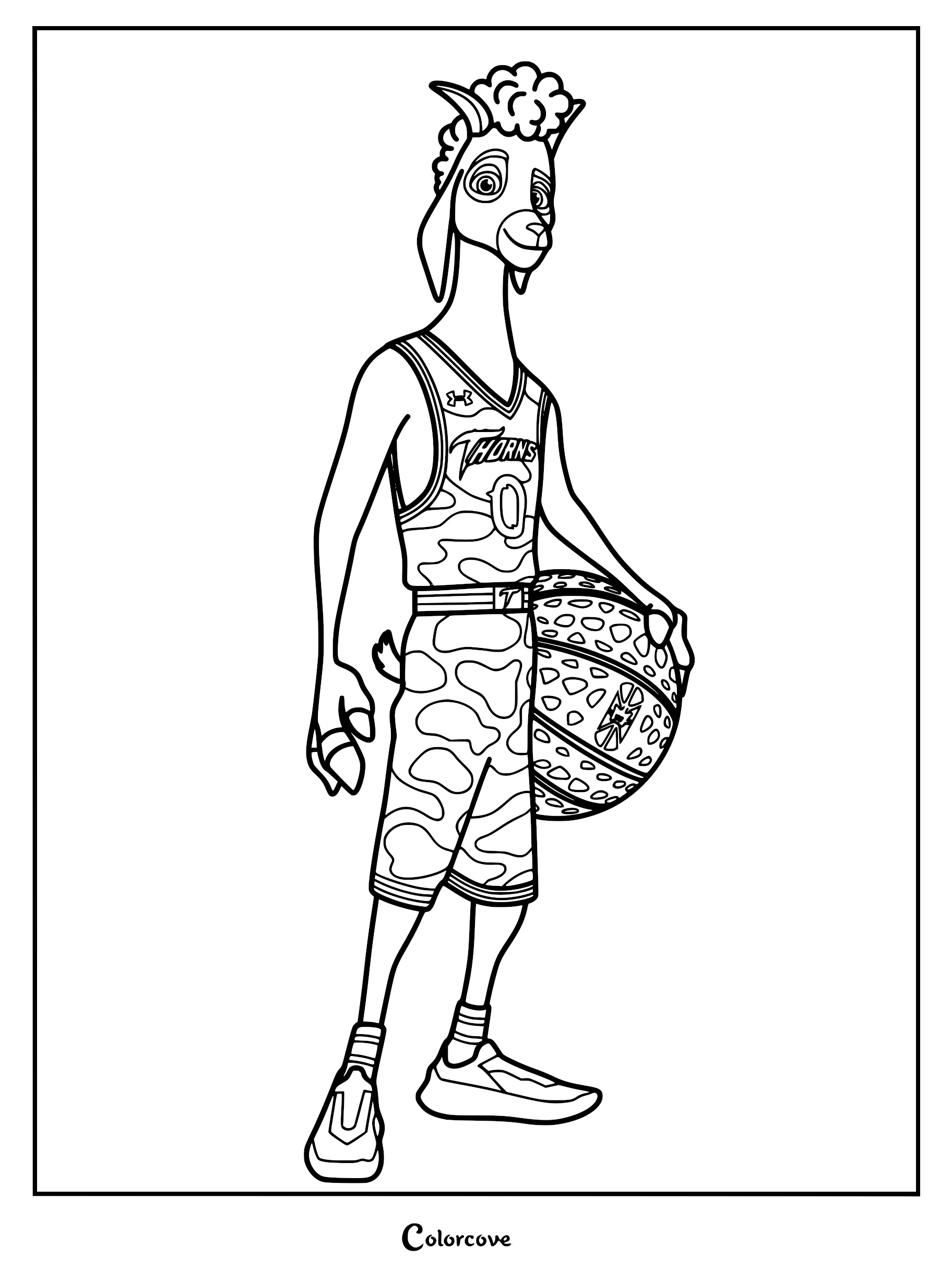 Detailed line art coloring page of Will Harris, an American Pygmy goat, wearing a camouflage Vineland Thorns jersey and holding a textured roarball.