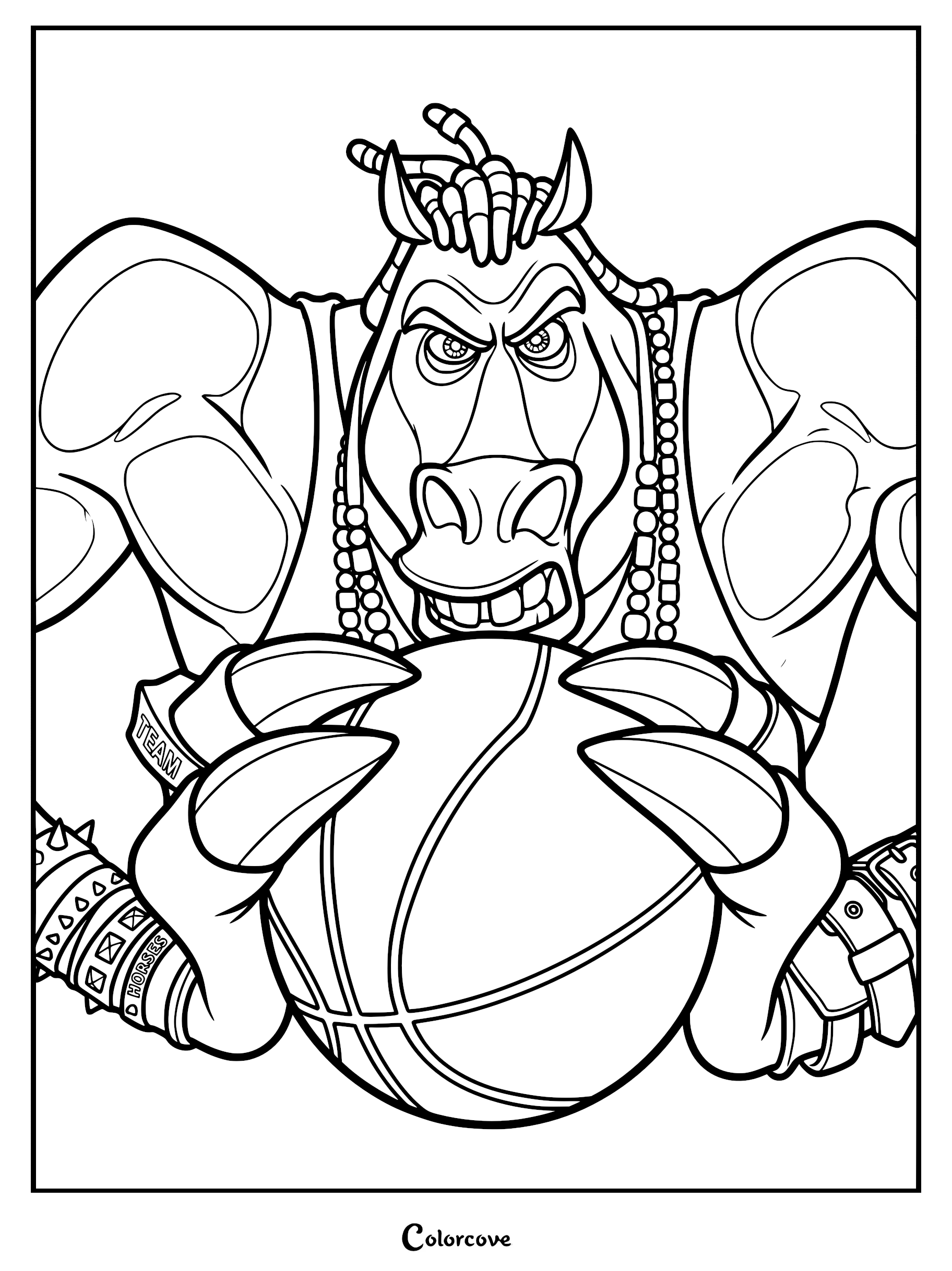 Mane Attraction from the movie GOAT coloring page, depicting a muscular Andalusian horse with braided mane gripping a roarball with sharp claws and wearing spiked wristbands.