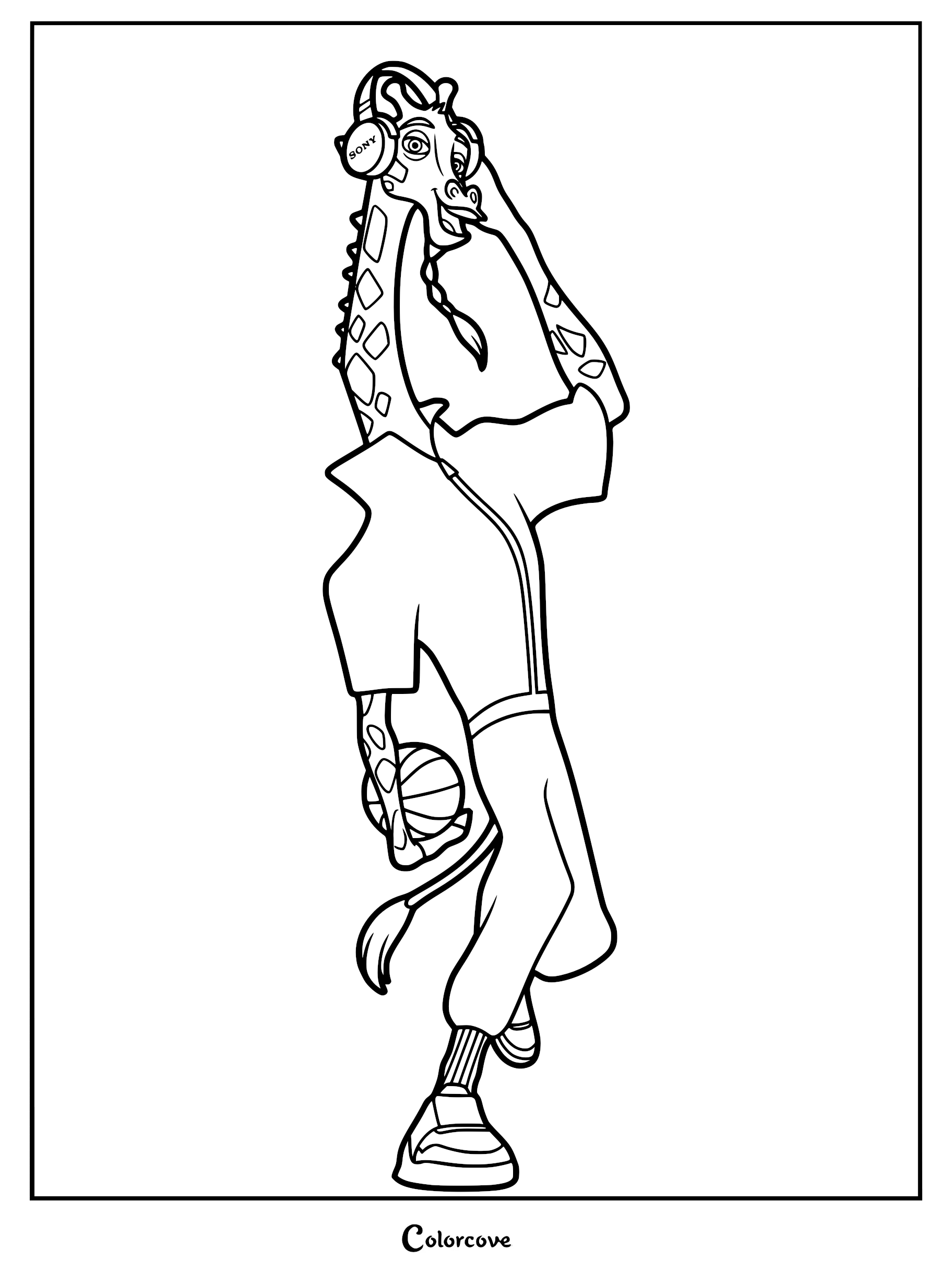 Line art coloring page of Lenny Williamson the giraffe from the GOAT movie wearing Sony headphones and holding a basketball.