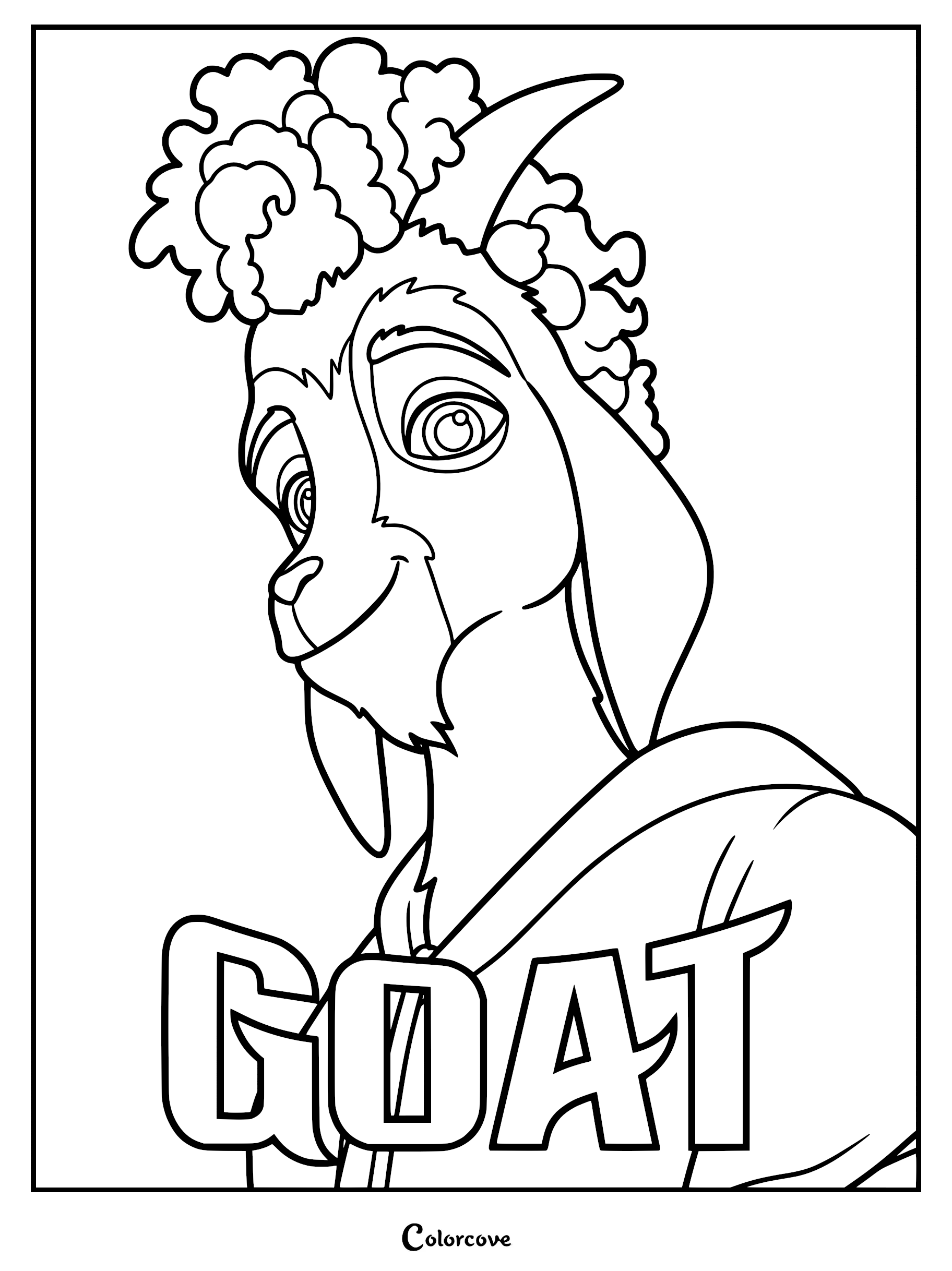 Detailed line art coloring page of Will Harris, the American Pygmy goat from the animated film GOAT, featuring his curly tuft of hair, small goatee, and large eyes above bold block text.