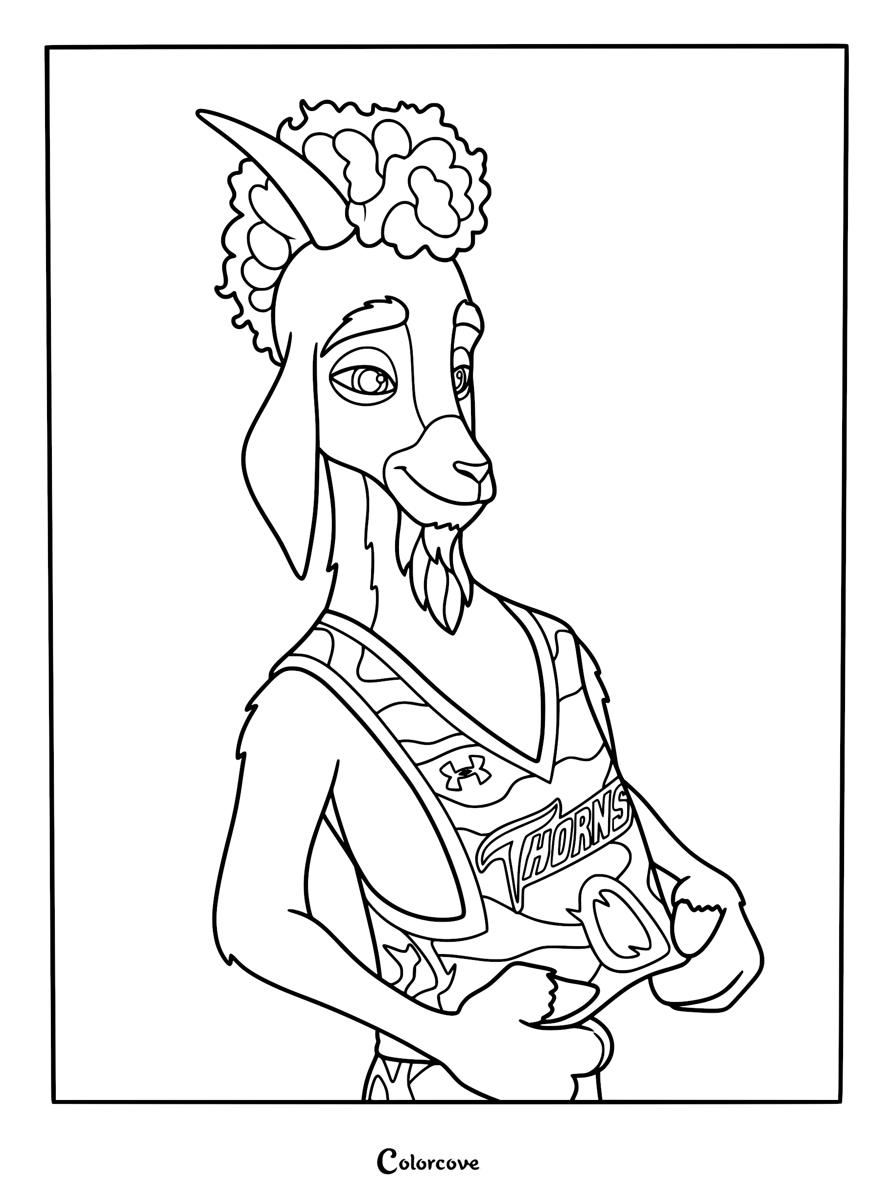 A detailed line art coloring page of Will Harris, the American Pygmy goat from the movie GOAT, wearing his Vineland Thorns roarball jersey and showing off the team logo.