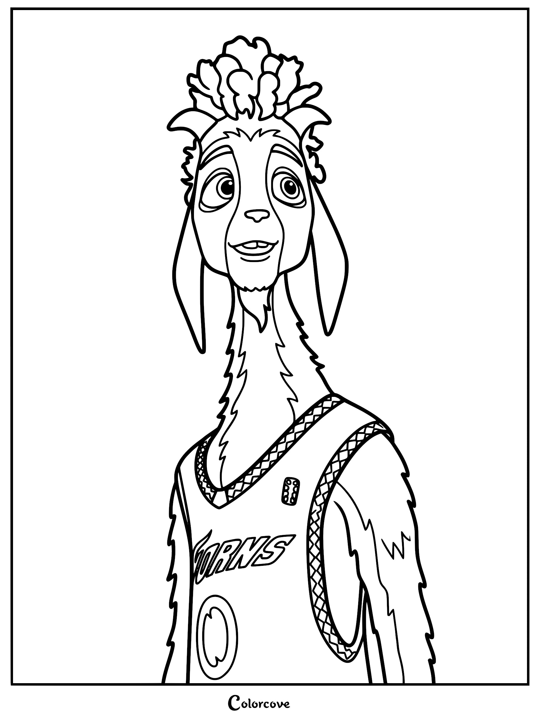 A detailed line art coloring page featuring Will Harris, the American Pygmy goat from the movie GOAT, wearing his Vineland Thorns roarball jersey with braided trim and the number zero.