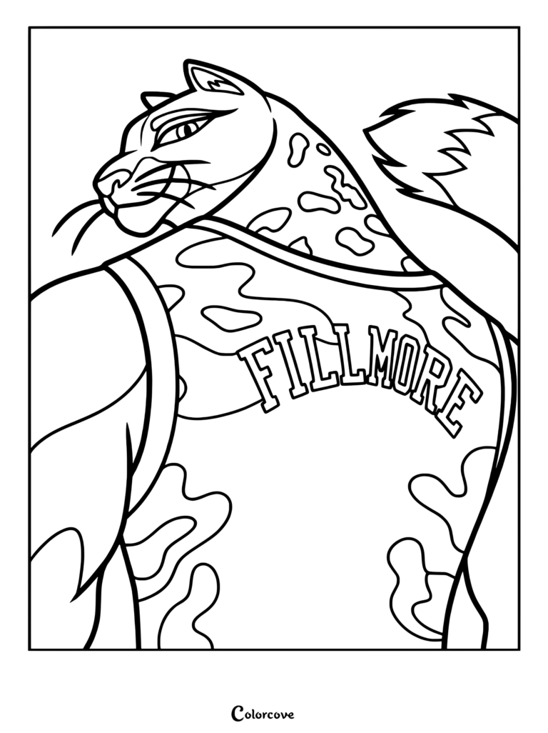 A detailed coloring page featuring Jett Fillmore, the black panther from the GOAT movie, looking over his shoulder while wearing his Vineland Thorns jersey with FILLMORE written on the back.